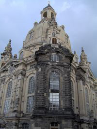View of the south side of the Frauenkirche in 2006, showing the incorporation of the largest remaining fragment of the original structure